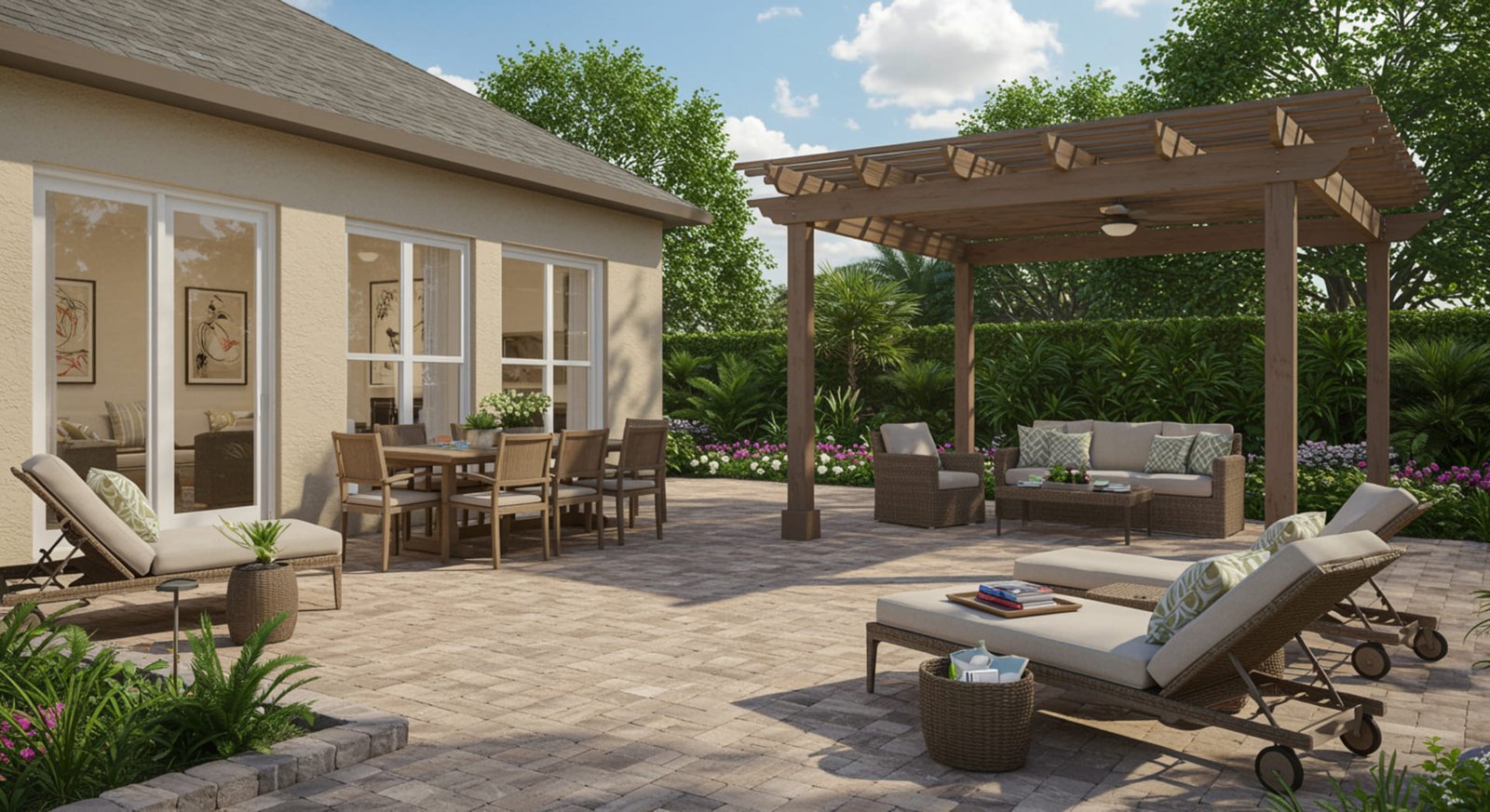 Custom Backyard Patio with Pavers and Comfortable Outdoor Seating
