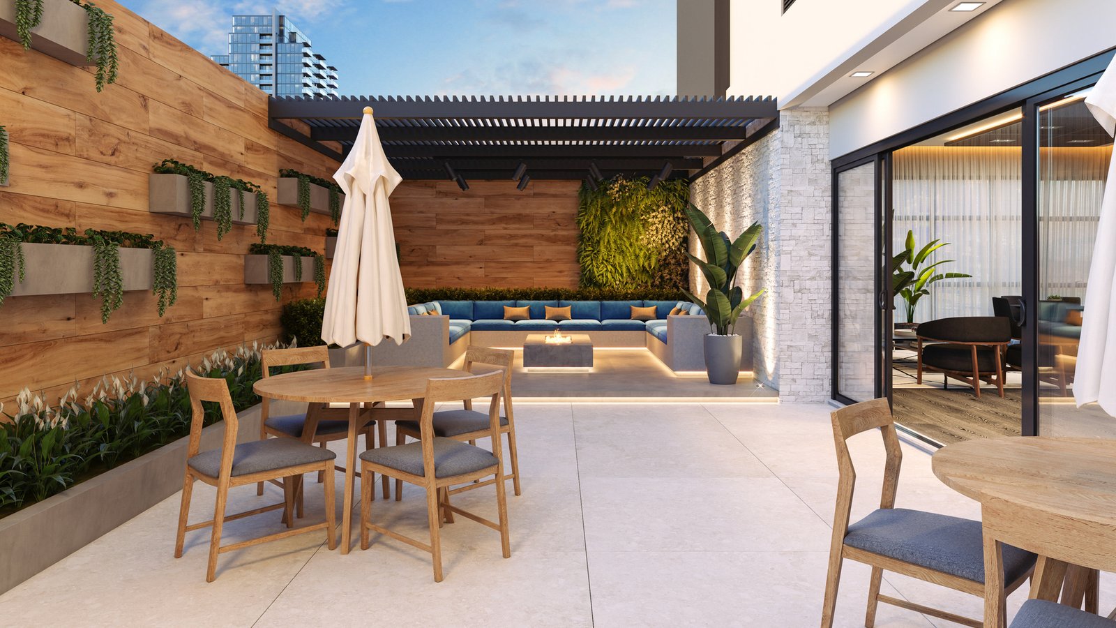 Backyard patio design in Florida with modern concrete patio finish