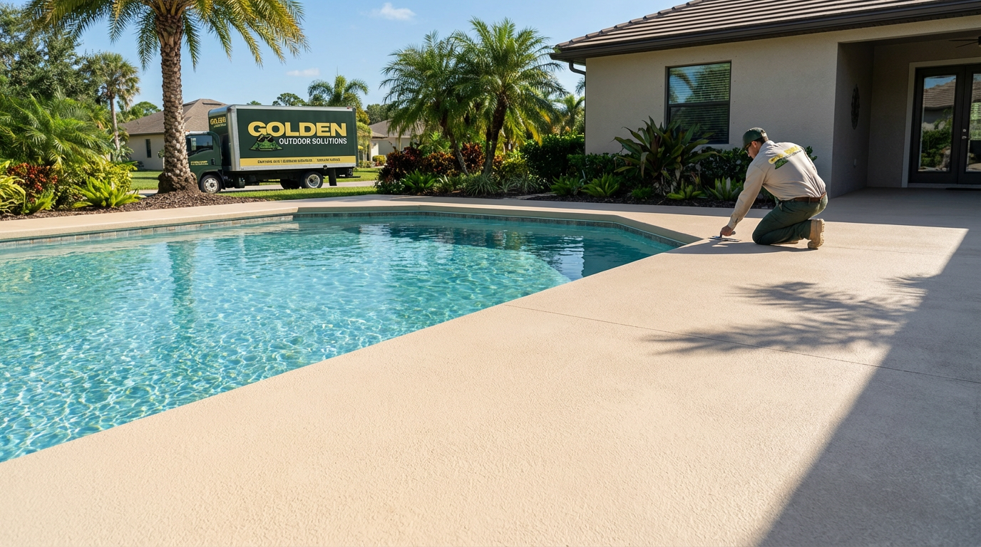 Pool deck resurfacing cost in Florida with modern concrete finish