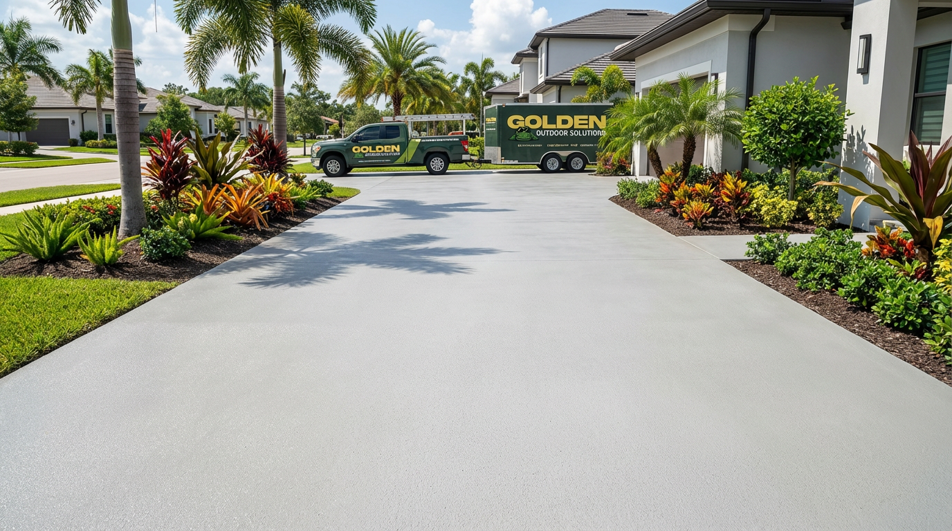 Driveway resurfacing cost in Florida with premium concrete finish at suburban home