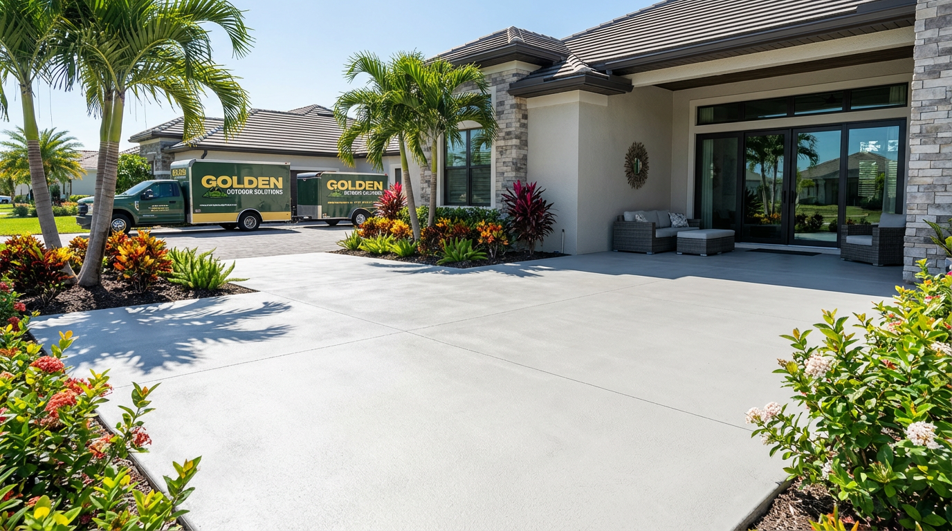 Ultra realistic commercial photography of a luxury Florida suburban home showing a freshly completed concrete patio resurfacing. Main focus on the clean modern concrete patio surface, centered composition, premium modern home exterior, tropical landscaping with palm trees and colorful plants, bright sunlight, realistic shadows, high-end suburban home in Florida. The surface must be perfectly level, seamless, uniform, clean modern finish, subtle realistic concrete texture, no cracks, no stains, no crooked seams, no tile or pavers pattern, no segmented slabs, no warped lines. Include a branded service truck and trailer in the background with ONLY the text “GOLDEN OUTDOOR SOLUTIONS”, matching logo-com-fundo.jpg and brand colors #F1D160, #679145, #4B6D35, #273631, #FFFFFF, #000000. Ultra sharp, HDR, 8K realism, premium advertising look. Resolution: 1920x1080, landscape, no watermark, no extra text, no misspellings. NEGATIVE PROMPT wrong brand name, random logo, misspelled text, extra text, watermark, blurry, low quality, cartoon, CGI, illustration, messy environment, clutter, distorted geometry, uneven floor, crooked seams, tile floor, pavers, segmented slabs, cracked concrete, stains.