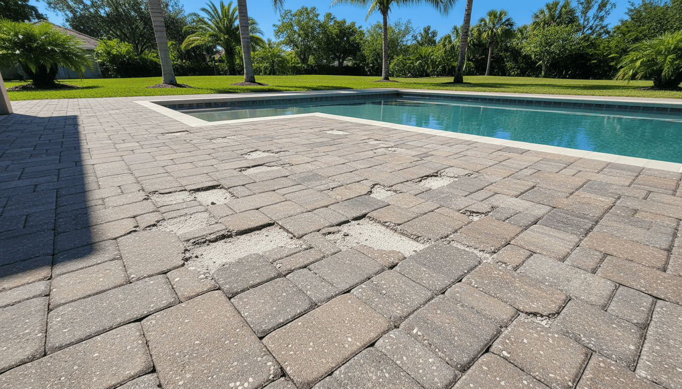 Pool deck spalling in Florida showing flaking and peeling concrete surface