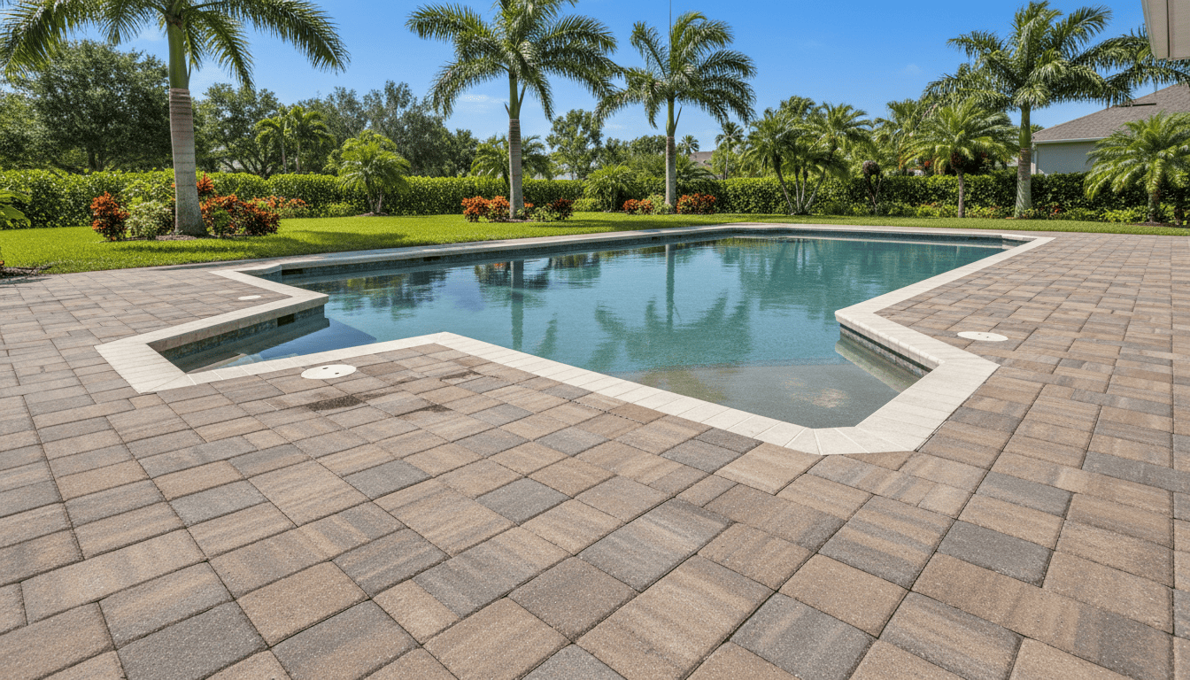 Pool deck settling in Florida showing uneven concrete surface near pool area