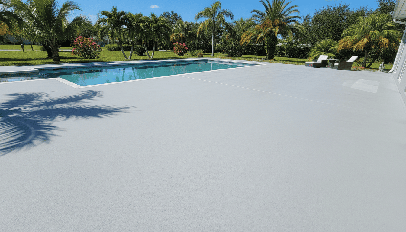 Pool deck resurfacing timeline in Florida showing newly resurfaced concrete pool deck