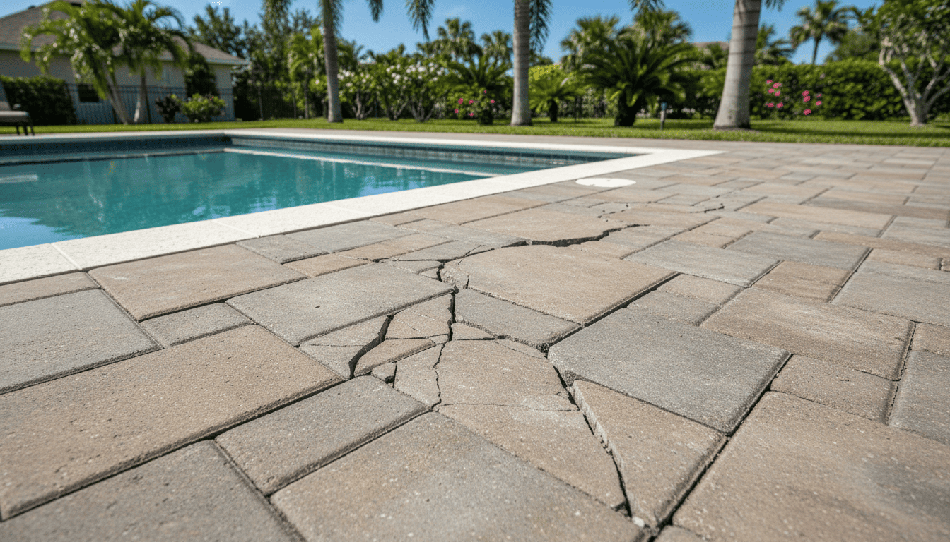 Pool deck cracks in Florida before professional resurfacing repair