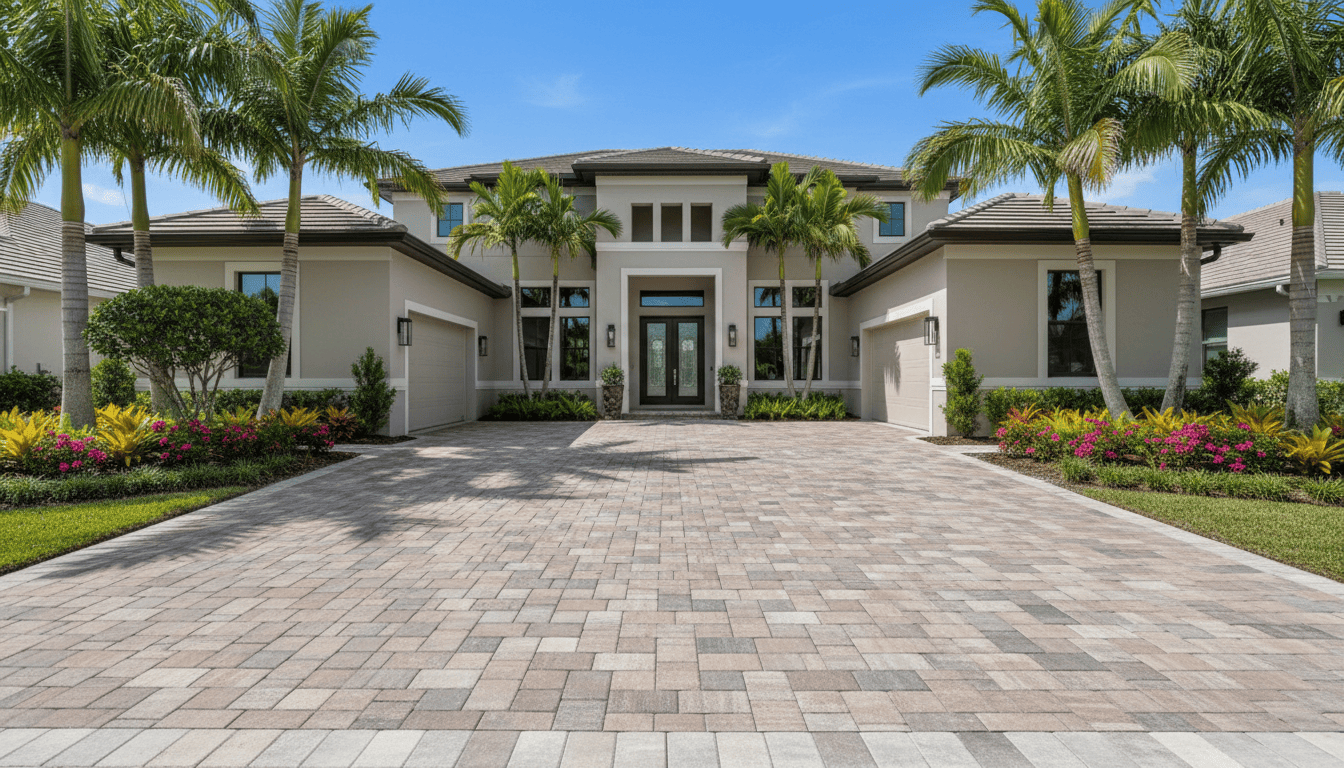 Paver Driveway Installation in Florida with perfectly aligned symmetrical pavers