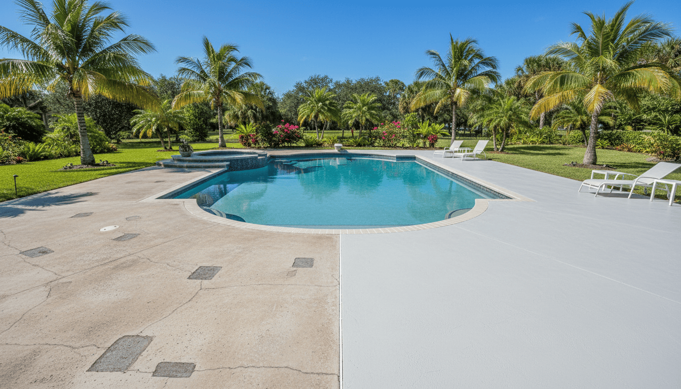 Pool deck repair vs resurfacing in Florida showing worn concrete pool deck surface