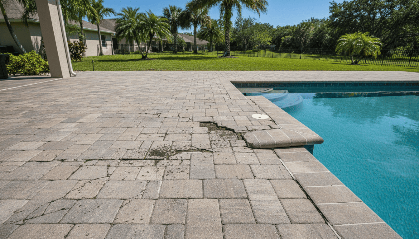 Concrete pool deck repair near me in Florida showing cracked pool deck surface