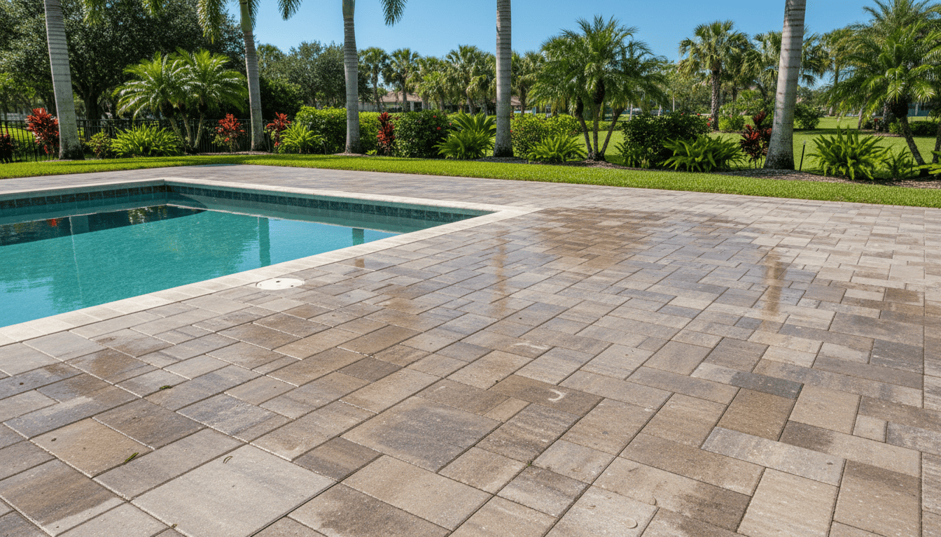 Slippery pool decks in Florida showing worn concrete surface near pool area