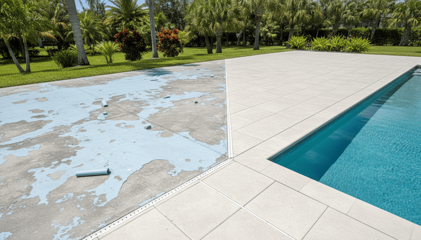 Pool deck resurfacing vs painting in Florida showing worn painted pool deck surface