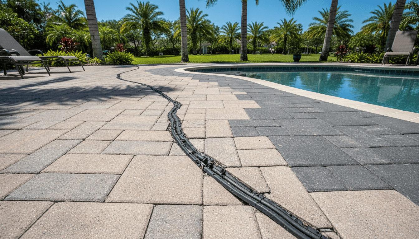 Pool deck expansion joints in Florida showing cracked joint material between concrete slabs