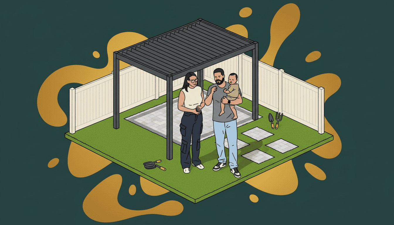 Backyard transformation Florida — completed artificial turf, large-format pavers, and louvered pergola installed by Golden Outdoor Solutions in Central Florida