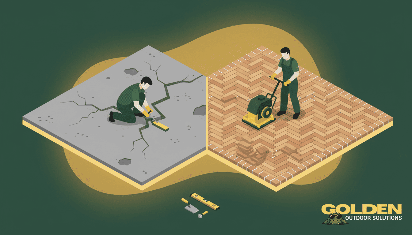 Concrete vs pavers driveway comparison in Florida — cracked concrete slab vs herringbone paver installation