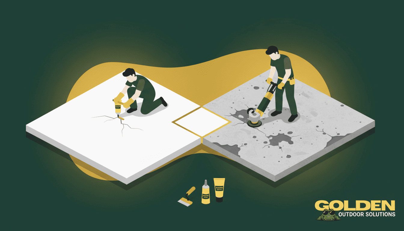 DIY concrete repair Florida — homeowner inspecting a cracked driveway surface next to a professional contractor with repair tools