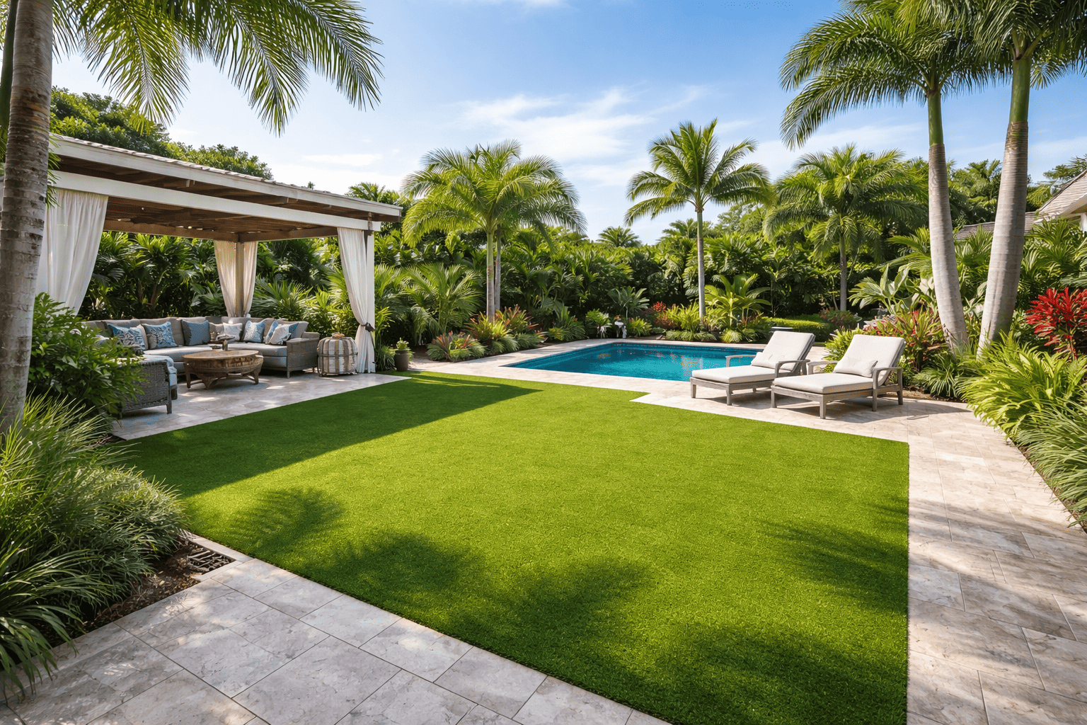 Backyard makeover Brevard County with pavers turf and shaded outdoor living area